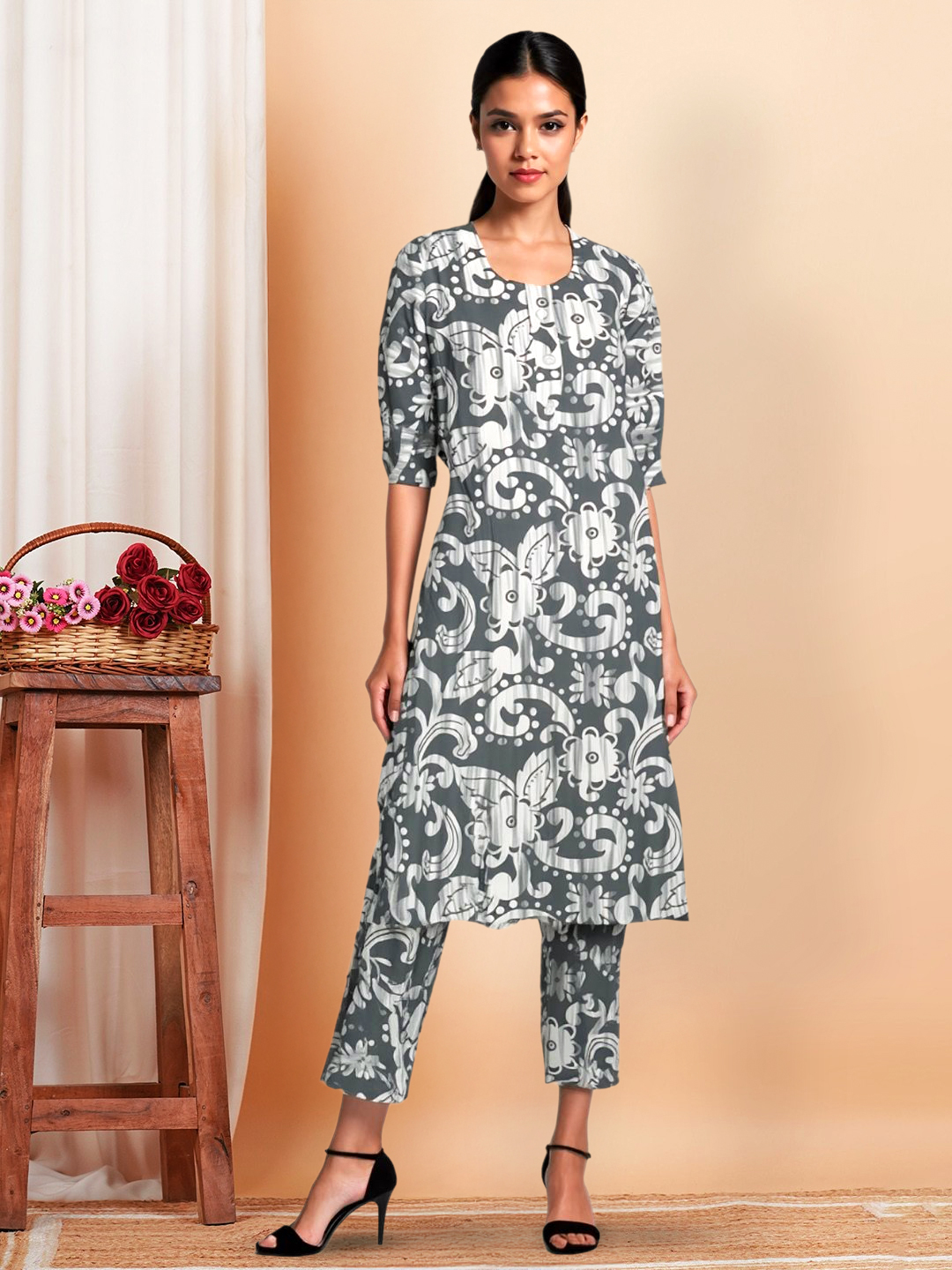 Picture of Monochrome Floral Printed Straight Kurta with Pant Set
